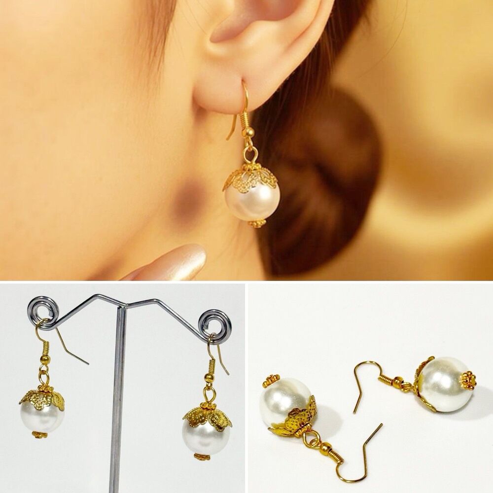 Gold Tone Pearl Drop Dangle Earrings Elegant Bridal Wedding Jewelry - Picture 4 of 9